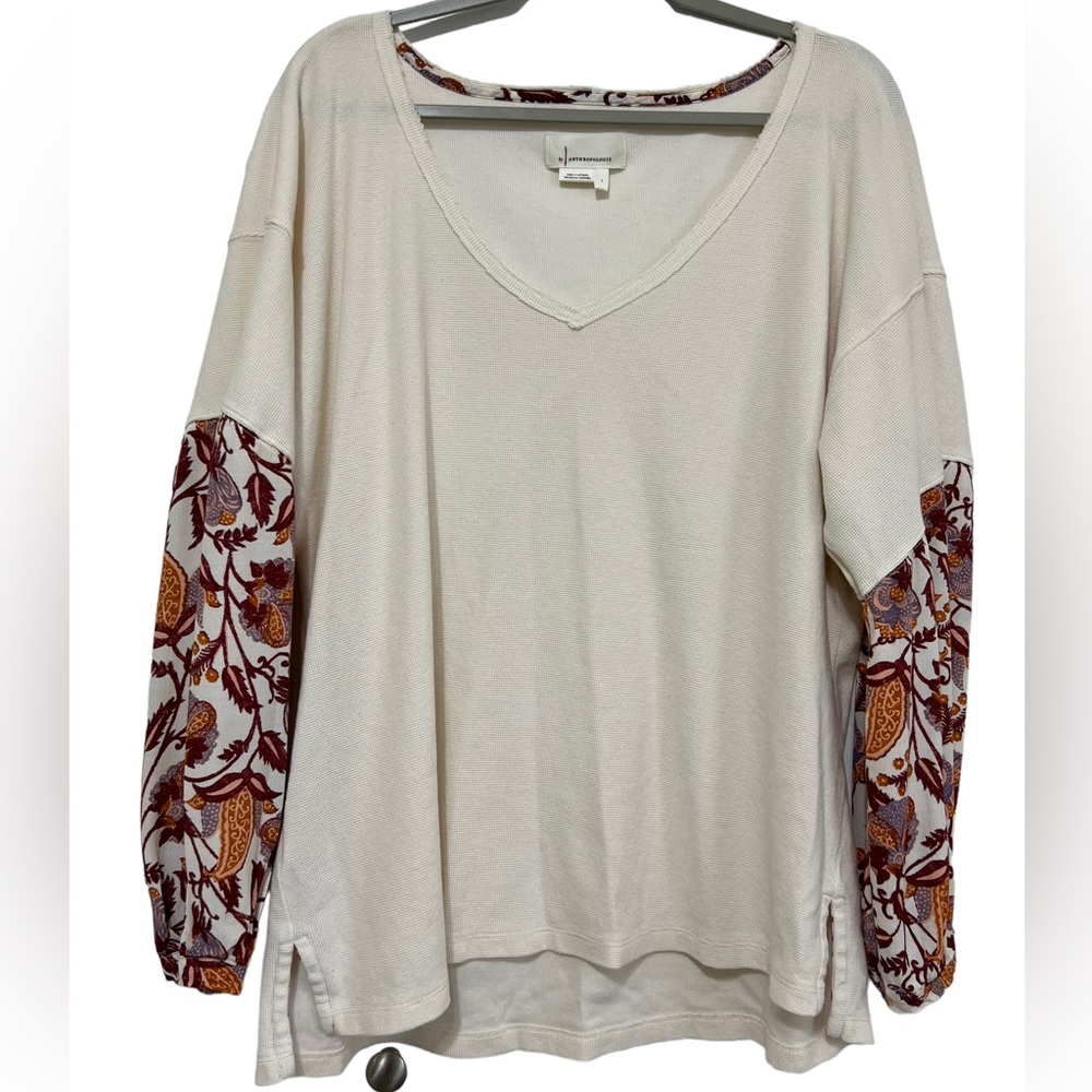 Anthropologie Cotton Waffle Knit Oversized Top Contrast Paisley Sleeves Large